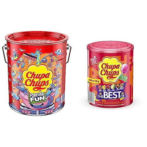 Chupa Chups Best of Lollipop-Eimer, enthält 150 Lutscher in 6 Geschmacksrichtungen in der Pop-Art Metall-Dose & Best of Lutscher-Dose, enthält 50 Lollis in 6 Geschmacksrichtungen wie Cola von Chupa Chups