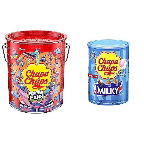 Chupa Chups Best of Lollipop-Eimer, enthält 150 Lutscher in 6 Geschmacksrichtungen in der Pop-Art Metall-Dose & Milky Lutscher-Dose von Chupa Chups