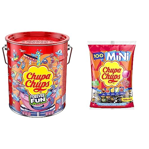 Chupa Chups Best of Lollipop-Eimer, enthält 150 Lutscher in 6 Geschmacksrichtungen in der Pop-Art Metall-Dose & Mini Classic Lutscher-Beutel, enthält 100 Mini-Lollis in den 5 Geschmacksrichtungen Cola von Chupa Chups