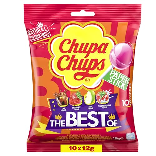 Chupa Chups Best of Lutscher, Nachfüll-Beutel enthält 10 Lollis in den 4 Geschmacksrichtungen Cola, Erdbeeren, Apfel, Erdbeere-Sahne, geeignet für Geburtstag, 10 x 12g Chupa Chups Best of Lutscher, Nachfüll-Beutel enthält 10 Lollis in den 4 Geschmacksrichtungen Cola, Erdbeeren, Apfel, Erdbeere-Sahne, geeignet für Geburtstag, 10 x 12g von Chupa Chups