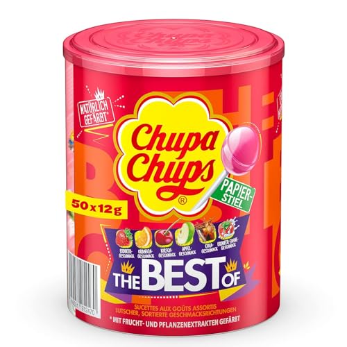 Chupa Chups Best of Lutscher-Dose, enthält 50 Lollis in 7 Geschmacksrichtungen Cola, Apfel, Erdbeere und weitere, Aufbewahrungs-Dose, 50 x 12g von Chupa Chups