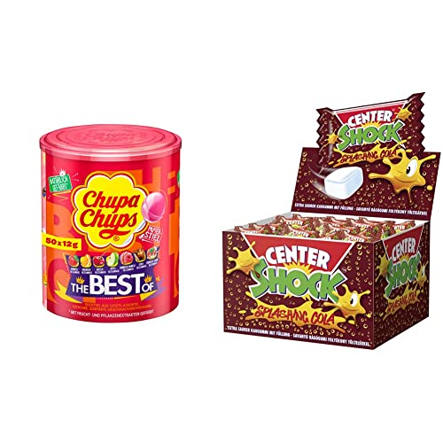 Chupa Chups Best of Lutscher-Dose & Center Shock Splashing Cola, Box mit 100 Kaugummis, extra-sauer mit Cola-Geschmack, perfekt für Geburtstag, Pinata, Party, Candy-Bar & Schultüte, 400g von Chupa Chups