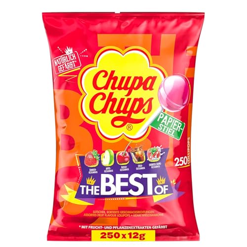 Chupa Chups Best of Lutscher-Beutel, Beutel enthält 250 Lollis in 6 Geschmacksrichtungen wie Cola, Erdbeere, Kirsch, Apfel, Himbeere-Vanille, 250x12g von Chupa Chups