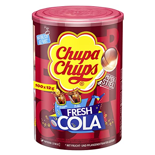 Chupa Chups Fresh Cola Lutscher-Dose, enthält 100 Lollis in den Geschmacksrichtungen Cola & Cola-Zitrone, praktische Aufbewahrungs-Dose, 100 x 12g von Chupa Chups