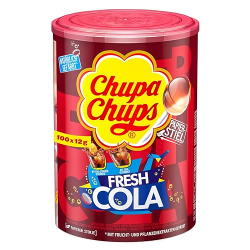 Chupa Chups Fresh Cola Lutscher-Dose, enthält 100 Lollis in den Geschmacksrichtungen Cola & Cola-Zitrone, praktische Aufbewahrungs-Dose, 100 x 12g von Chupa Chups