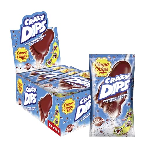 Chupa Chups Crazy Dips Cola, 24er Thekendisplay enthält Cola-Lollis in Fußform mit Brausepulver & Knistereffekt, Lutscher mit Cola-Flavour, 24 x 14g von Chupa Chups