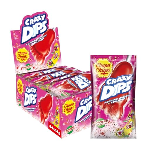 Chupa Chups Crazy Dips Erdbeere, 24er Thekendisplay enthält Erdbeer-Lollis in Fußform mit Brausepulver & Knistereffekt, Strawberry-Flavour, 24 x 14g von Chupa Chups