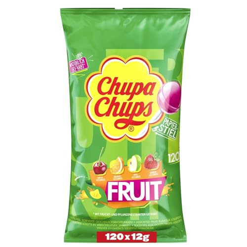 Chupa Chups Fruit Lutscher-Beutel, Nachfüll-Beutel enthält 120 Frucht-Lollis in 4 Geschmacksrichtungen Apfel, Erdbeere, Orange & Kirsche, 120 x 12g von Chupa Chups