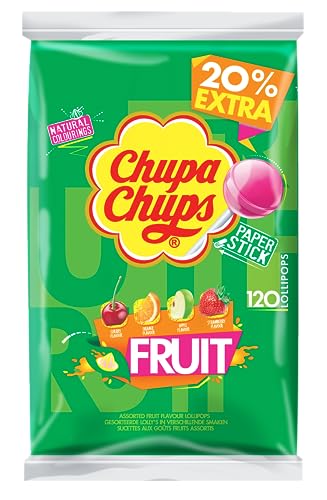 Chupa Chups Fruit Lutscher-Beutel, Nachfüll-Beutel enthält 120 Frucht-Lollis in 4 Geschmacksrichtungen Apfel, Erdbeere, Orange & Kirsche, 120 x 12g von Chupa Chups