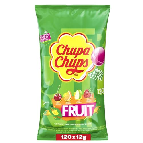 Chupa Chups Fruit Lutscher-Beutel, Nachfüll-Beutel enthält 120 Frucht-Lollis in 4 Geschmacksrichtungen Apfel, Erdbeere, Orange, Kirsche, geeignet für Geburtstag, 120 x 12g von Chupa Chups