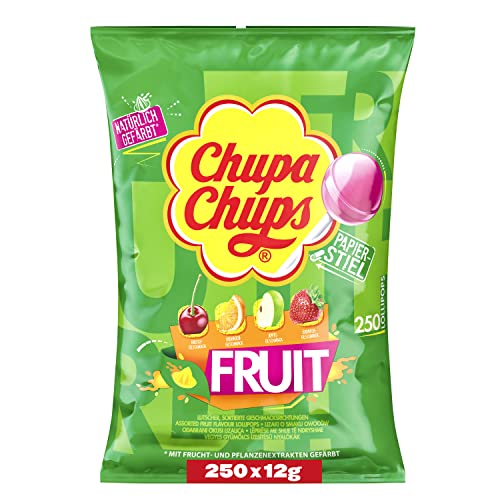 Chupa Chups Fruit Lutscher-Beutel, Nachfüll-Beutel enthält 250 Frucht-Lollis in 4 Geschmacksrichtungen Apfel, Erdbeere, Orange & Kirsche, 250 x 12g von Chupa Chups