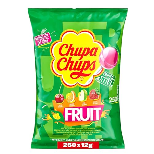 Chupa Chups Fruit Lutscher-Beutel, Nachfüll-Beutel enthält 250 Frucht-Lollis in 4 Geschmacksrichtungen Apfel, Erdbeere, Orange & Kirsche, 250 x 12g von Chupa Chups