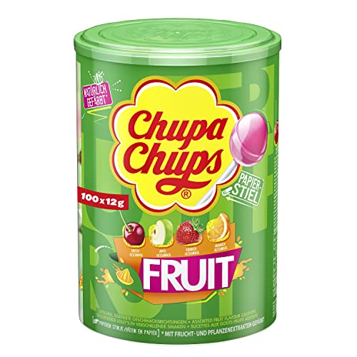 Chupa Chups Fruit Lutscher-Dose, praktische Box mit 100 Lollis in 4 fruchtigen Geschmacksrichtungen Apfel, Erdbeere, Orange & Kirsche, 100 x 12g von Chupa Chups