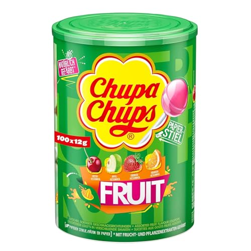 Chupa Chups Fruit Lutscher-Dose, praktische Box mit 100 Lollis in 4 fruchtigen Geschmacksrichtungen Apfel, Erdbeere, Orange, Kirsche, geeignet für Geburtstag, 100 x 12g von Chupa Chups