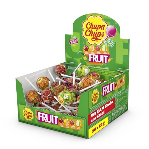 Chupa Chups Fruit Lutscher-Dose, praktische Box mit 50 Lollis mit Barcode in 4 fruchtigen Geschmacksrichtungen Apfel, Erdbeere, Orange, Kirsche, geeignet für Geburtstag, 50 x 12g Chupa Chups Fruit Lutscher-Dose, praktische Box mit 50 Lollis mit Barcode in 4 fruchtigen Geschmacksrichtungen Apfel, Erdbeere, Orange, Kirsche, geeignet für Geburtstag, 50 x 12g von Chupa Chups