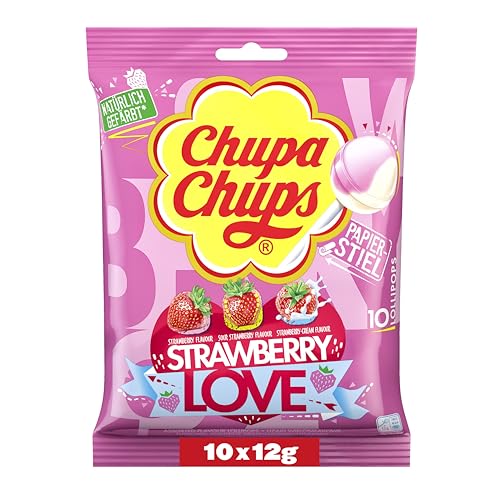 Chupa Chups Strawberry Lover Lutscher-Beutel, Nachfüll-Beutel enthält 10 fruchtige & cremige Erdbeer-Lollis in 3 Geschmacksrichtungen, 10 x 12g von Chupa Chups