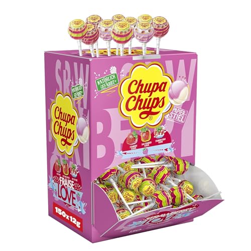 Chupa Chups Lollis Strawberry Lover, Thekendisplay mit 150 fruchtigen & cremigen Erdbeer-Lollis, ideal für Kiosk, Candy-Bar & Büro, 150 x 12g von Chupa Chups