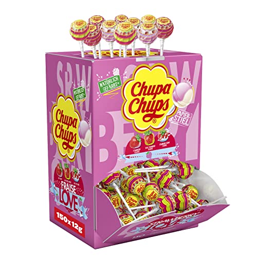 Chupa Chups Lollis Strawberry Lover, Thekendisplay mit 150 fruchtigen & cremigen Erdbeer-Lollis, ideal für Kiosk, Candy-Bar & Büro, 150 x 12g von Chupa Chups