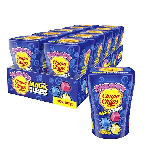 Chupa Chups Magic Cubes, Vorratspackung enthält 10 Magic Cube Kaugummi-Boxen, Bubble Gums in Würfel-Form, ändern beim Kauen die Farbe, geeignet für Geburtstag, 10 x 86g von Chupa Chups