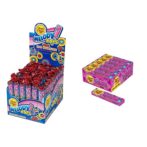 Chupa Chups Melody Pops Erdbeere & Big Babol Tutti Frutti Bubble Gum, Theken-Display enthält 20 Stangen Kaugummis mit Frucht-Geschmack, für große Kaugummi-Blasen, 20 x 27,6g von Chupa Chups