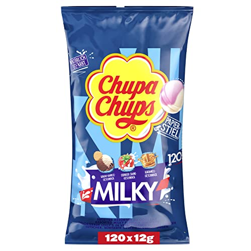Chupa Chups Milky Lutscher-Beutel, Nachfüllbeutel mit 120 Lollis in 3 cremigen Geschmacksrichtungen Kakao-Vanille, Karamell & Erdbeer-Sahne, 120 x 12g von Chupa Chups
