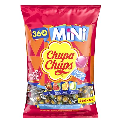 Chupa Chups Mini Classic Lutscher-Beutel, enthält 360 Mini-Lollis in den 4 Geschmacksrichtungen Cola, Orange, Erdbeere & Apfel 360 x 6g von Chupa Chups