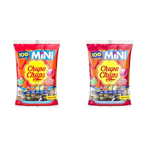 Chupa Chups Mini Classic Lutscher-Beutel, enthält 100 Mini-Lollis in den 5 Geschmacksrichtungen Cola, Orange, Erdbeere, Apfel & Kirsche, 100 x 6g (Packung mit 2) von Chupa Chups