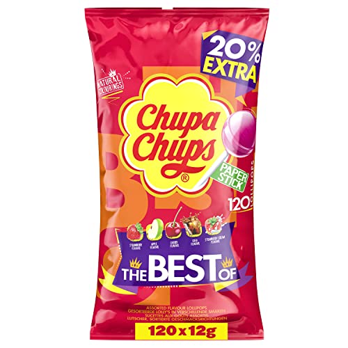Chupa Chups Best of Lutscher, Nachfüll-Beutel enthält 120 Lollis in 5 Geschmacksrichtungen wie Cola, Kirsch, Apfel, Erdbeere-Sahne, 120 x 12g von Chupa Chups