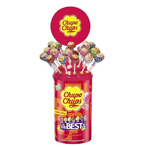 Chupa Chups Best of Lutscher-Dose mit Logo-Aufsatz, enthält 100 Lollis in 7 Geschmacksrichtungen, praktische Pop-Art Aufbewahrungs-Dose, 100 x 12g von Chupa Chups