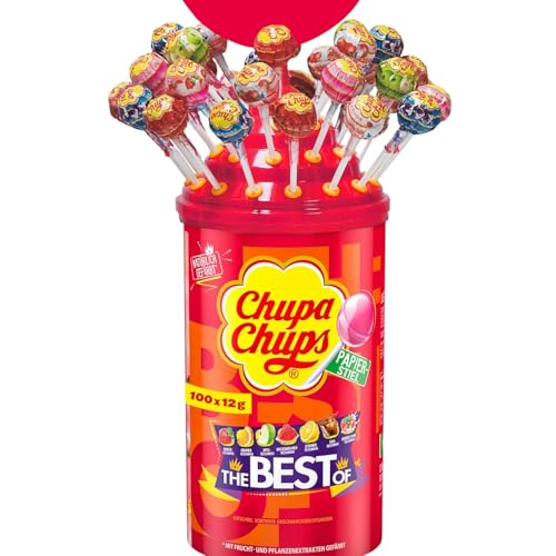 Chupa Chups Best of Lutscher-Dose mit Logo-Aufsatz, enthält 100 Lollis in 7 Geschmacksrichtungen, praktische Pop-Art Aufbewahrungs-Dose, 100 x 12g von Chupa Chups