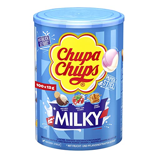 Chupa Chups Milky Lutscher-Dose, praktische Box mit 100 Lollis in 3 cremigen Geschmacksrichtungen Karamell, Erdbeer-Sahne & Kakao-Vanille, 100 x 12g von Chupa Chups
