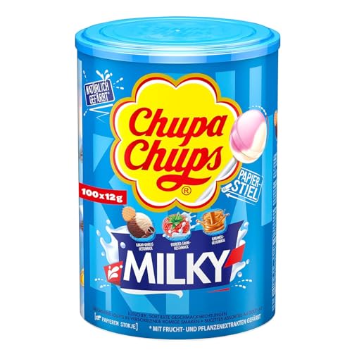 Chupa Chups Milky Lutscher-Dose, praktische Box mit 100 Lollis in 3 cremigen Geschmacksrichtungen Karamell, Erdbeer-Sahne, Kakao-Vanille, geeignet für Geburtstag, 100 x 12g von Chupa Chups