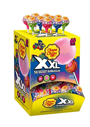 Chupa Chups XXL Big Bubble Kaugummi-Lutscher, Dose enthält 60 Lollis mit Erdbeer Kaugummi-Kern in 3 leckeren Sorten Cola, Erdbeere & Apfel, 60 x 29g von Chupa Chups