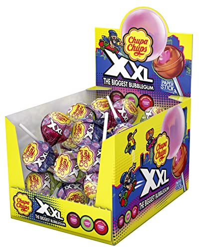 Chupa Chups XXL Big Bubble Kaugummi-Lutscher, Display enthält 25 Lollis mit Erdbeer-Kaugummi Kern in 3 leckeren Sorten Erdbeer, Apfel & Cola, 25x29g von Chupa Chups