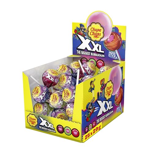 Chupa Chups XXL Big Bubble Kaugummi-Lutscher, Display enthält 25 Lollis mit Erdbeer-Kaugummi Kern in 3 leckeren Sorten Erdbeer, Apfel & Cola, 25x29g von Chupa Chups