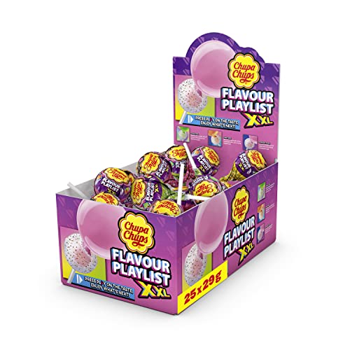 Chupa Chups XXL Flavour Playlist Kaugummi-Lutscher, Thekendisplay enthält 25 Lollis mit fruchtigem Kaugummi-Kern in 3 leckeren Sorten, 25 x 30g von Chupa Chups