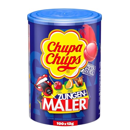 Chupa Chups Zungenmaler Lutscher-Dose, praktische Box mit 100 Lollis in den 3 Sorten Cola, Kirsch & Orange, zungenfärbende Lollipops, 100 x 12g von Chupa Chups