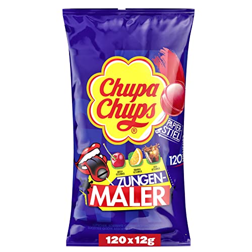 Chupa Chups Zungenmaler Lutscher-Beutel, Nachfüll-Beutel mit 120 Lollis, Cola, Kirsch & Orangen-Geschmack, Lollipops färben die Zunge, 120 x 12g von Chupa Chups