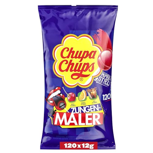 Chupa Chups Zungenmaler Lutscher-Beutel, Nachfüll-Beutel mit 120 Lollis, Cola, Kirsch & Orangen-Geschmack, Lollipops färben die Zunge, 120 x 12g von Chupa Chups