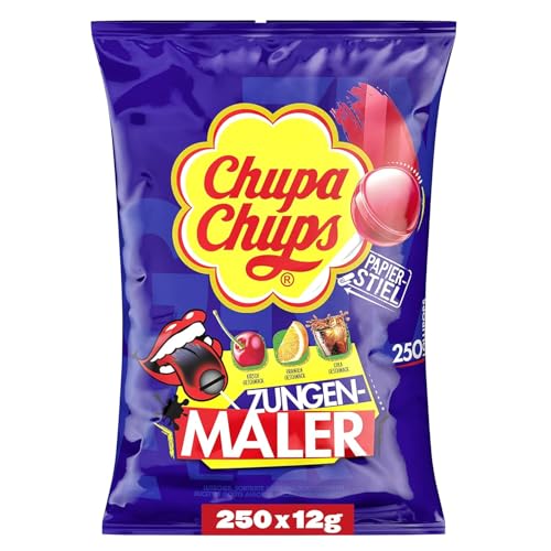 Chupa Chups Zungenmaler Lutscher-Beutel, Nachfüll-Beutel mit 250 Lollis, Cola, Kirsch & Orangen-Geschmack, Lollipops färben die Zunge, 250 x 12g von Chupa Chups