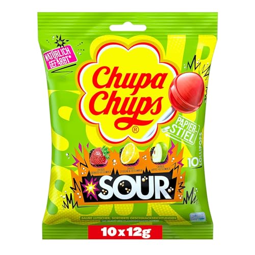 Chupa Chups saure Lutscher, Nachfüll-Beutel mit 10 extra sauren Frucht-Lollis in den drei Geschmacksrichtungen Apfel, Erdbeere, Zitrone, geeignet für Geburtstag, 10 x 12g von Chupa Chups