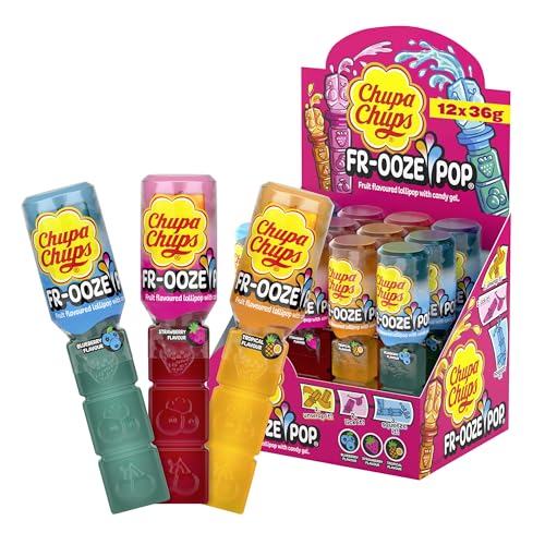 Chupa Chups Frooze Pops, Thekendisplay enthält 12 Lollis mit Candy-Gel zum Rausdrücken in den 3 Sorten Blaubeere, Erdbeere & Tropical, 12 x 26g von Chupa Chups