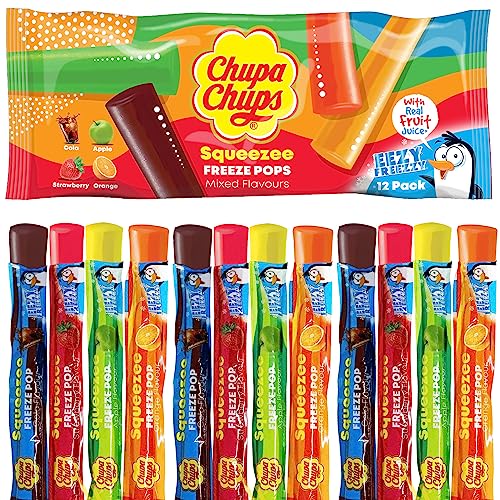 Chupa Chups Squeezee Freeze Pops, 12 x Wassereis zum Einfrieren, vier Sorten Cola, Apfel, Erdbeer, Orange, Eisstangen (12 x 45 ml) von Cia&Co
