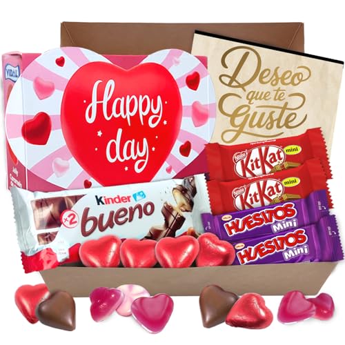 Geschenkbox mit Kinder Bueno Schokolade, Gefüllte Pralinen in Herzform, Kit Kat, Huesitos, Gummibärchen und mehr · Mit Personalisierter Karte Geschenkbox mit Kinder Bueno Schokolade, Gefüllte Pralinen in Herzform, Kit Kat, Huesitos, Gummibärchen und mehr · Mit Personalisierter Karte von Cia&Co