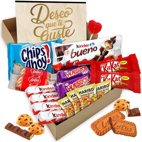 Originelle Geschenkbox mit 17 Kinder Bueno-Pralinen, Kinderkarten, Kinderschokolade, Twix, Mars, Kit Kat, Huesitos, Lotus Biscoff Cookie und vielem mehr · Mit personalisierter Karte von Cia&Co