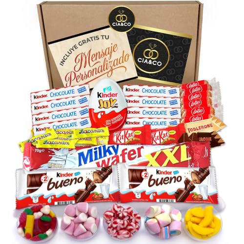 Süßigkeiten-Geschenkbox mit +25 Stück Kinder Schokolade und 450g glutenfreien Gummibonbons. Kinder Chocolate, Kinder Bueno, Kinder Joy, Happy Hippo, SchokoBons und Gummibonbons. von Cia&Co