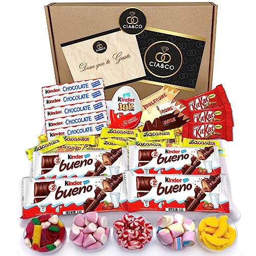 Süßigkeiten-Geschenkbox mit +25 Stück Kinder Schokolade und 450g glutenfreien Gummibonbons. Kinder Chocolate, Kinder Bueno, Kinder Joy, Happy Hippo, SchokoBons und Gummibonbons. von Cia&Co