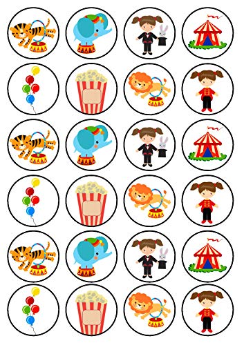 24 essbare Cupcake-Topper mit Zirkusmotiv #2 – aufrecht stehende Scheibe aus Oblatenpapier. von Cian's Cupcake Toppers Ltd