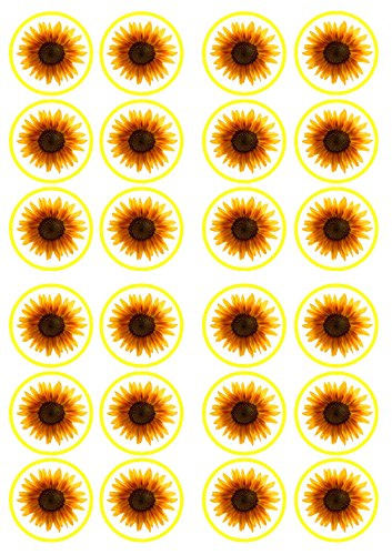 24 essbare Cupcakedekorationen mit Sonnenblumenblüten-Motiv, vorgestanzt – runde Oblaten, Kuchendekorationen, stehend, UNCUT von Cian's Cupcake Toppers Ltd