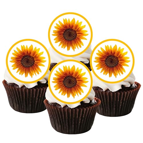 24 essbare Cupcakedekorationen mit Sonnenblumenblüten-Motiv, vorgestanzt – runde Oblaten, Kuchendekorationen, stehend, UNCUT von Cian's Cupcake Toppers Ltd